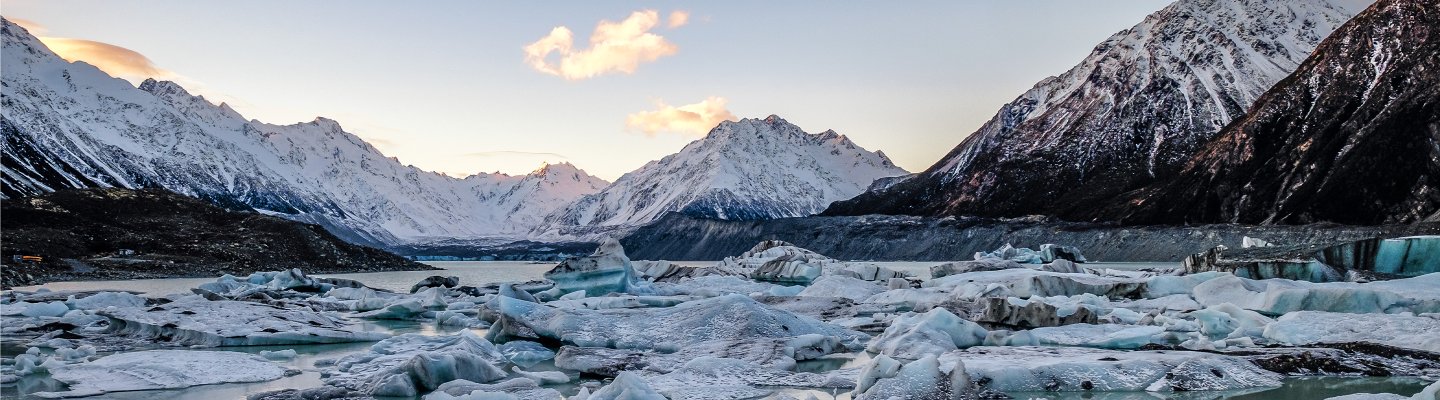 snow covered mountain, ice and water